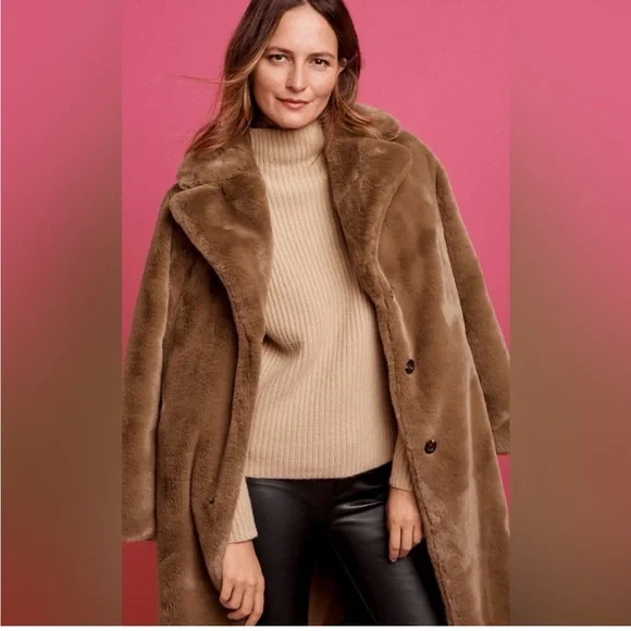 Ann Taylor Faux Fur Long Coat in Chocolate Mousse - Picture 2 of 5